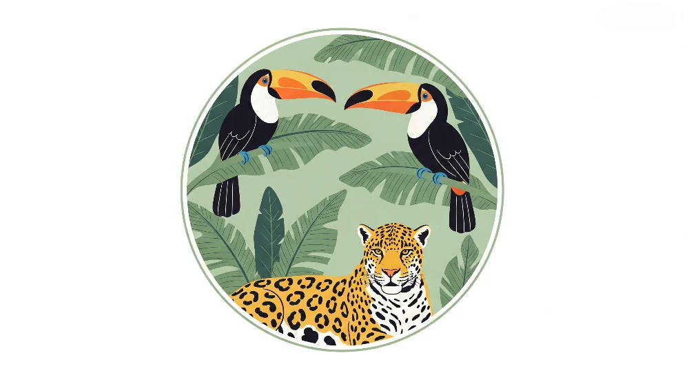 Papel de parede crianç | Jaguar e tucanos em uma selva colorida