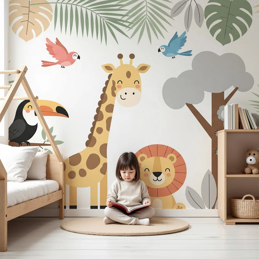 Papel de parede crianç | Jungle animals and tropical leaves