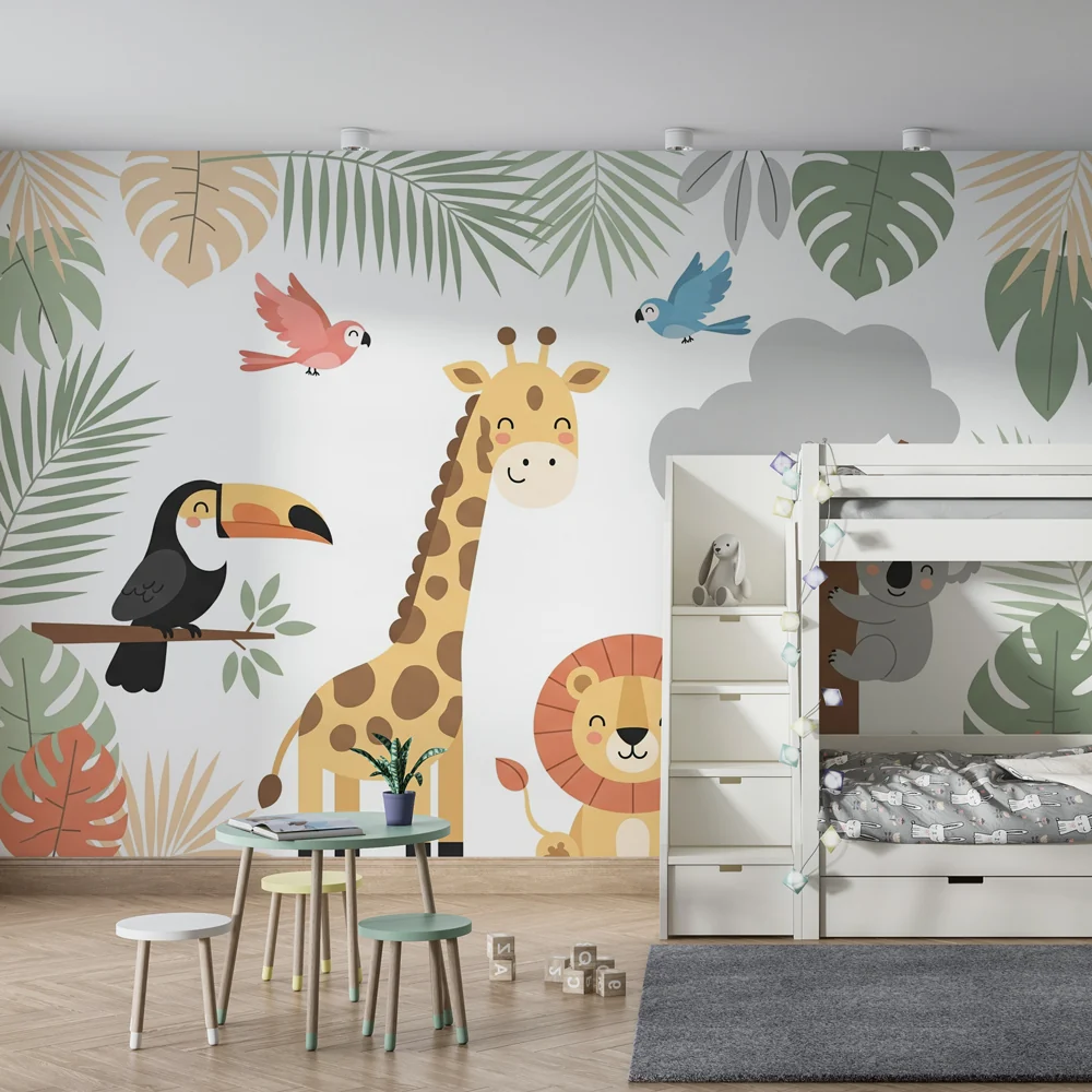 Papel de parede crianç | Jungle animals and tropical leaves