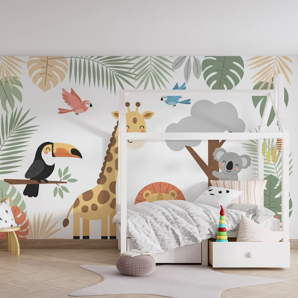 Papel de parede crianç | Jungle animals and tropical leaves