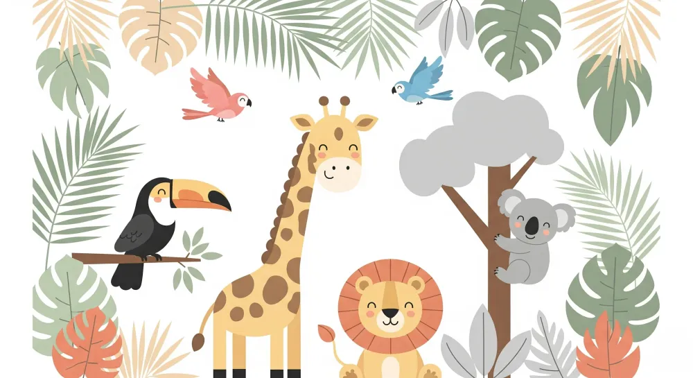 Papel de parede crianç | Jungle animals and tropical leaves