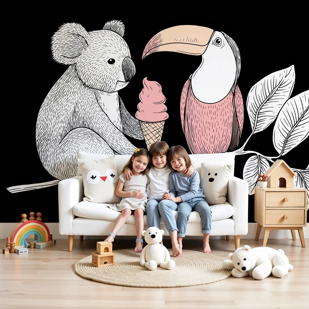 Papel de parede crianç | Koala guloso e tucano colorido