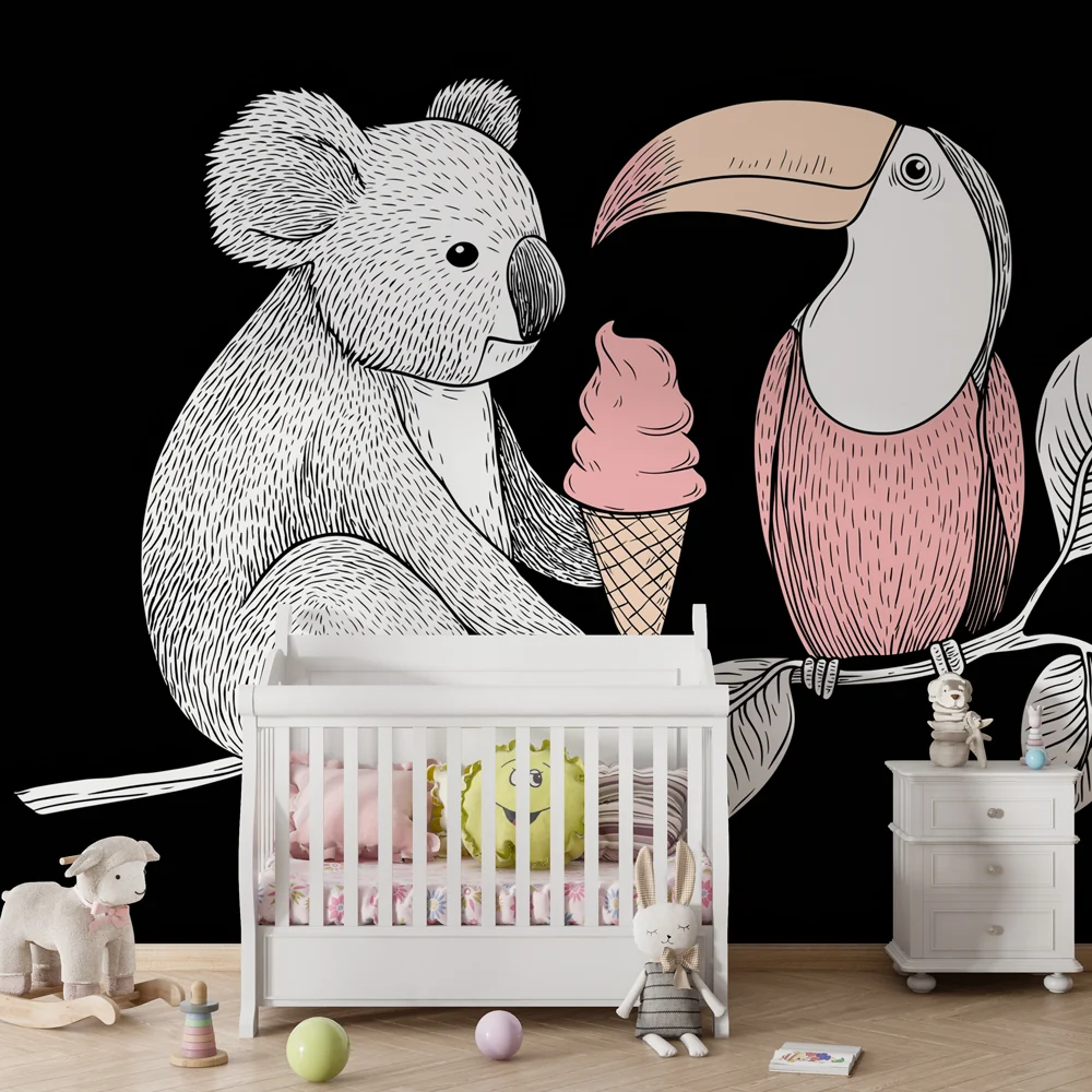 Papel de parede crianç | Koala guloso e tucano colorido