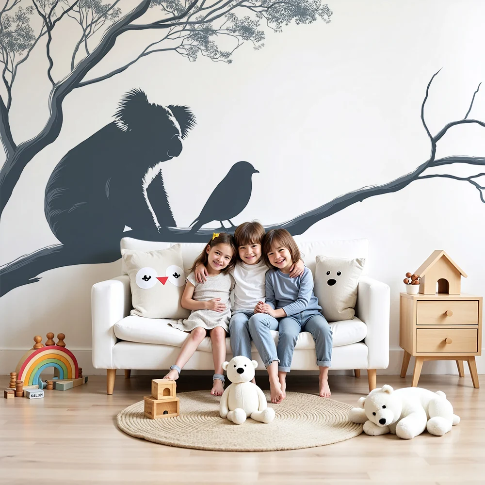 Papel de parede crianç | Koala e pássaro em um galho de árvore