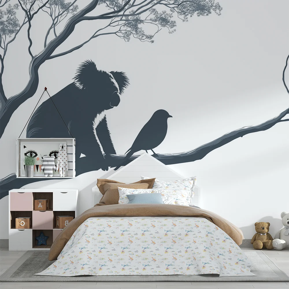 Papel de parede crianç | Koala e pássaro em um galho de árvore