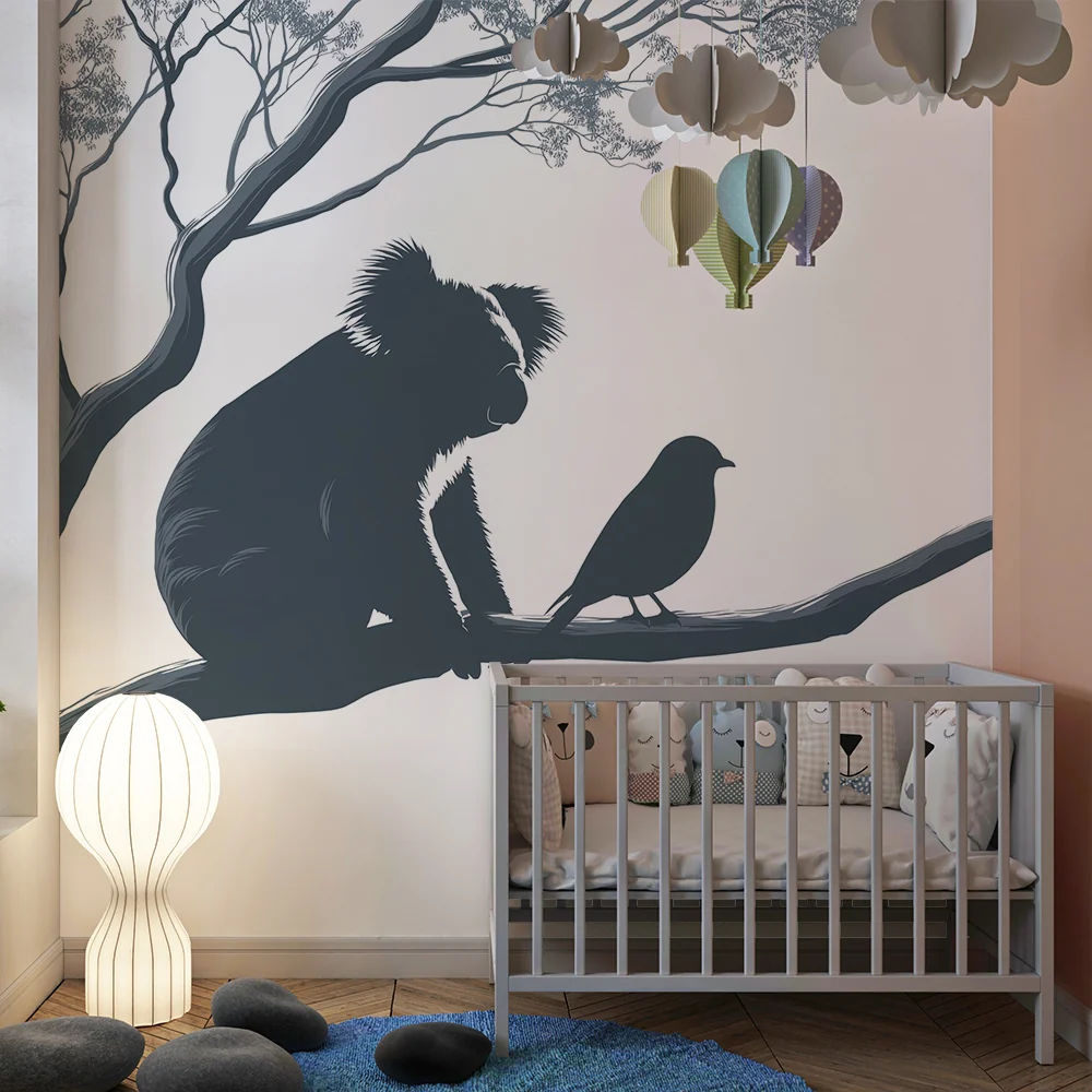 Papel de parede crianç | Koala e pássaro em um galho de árvore