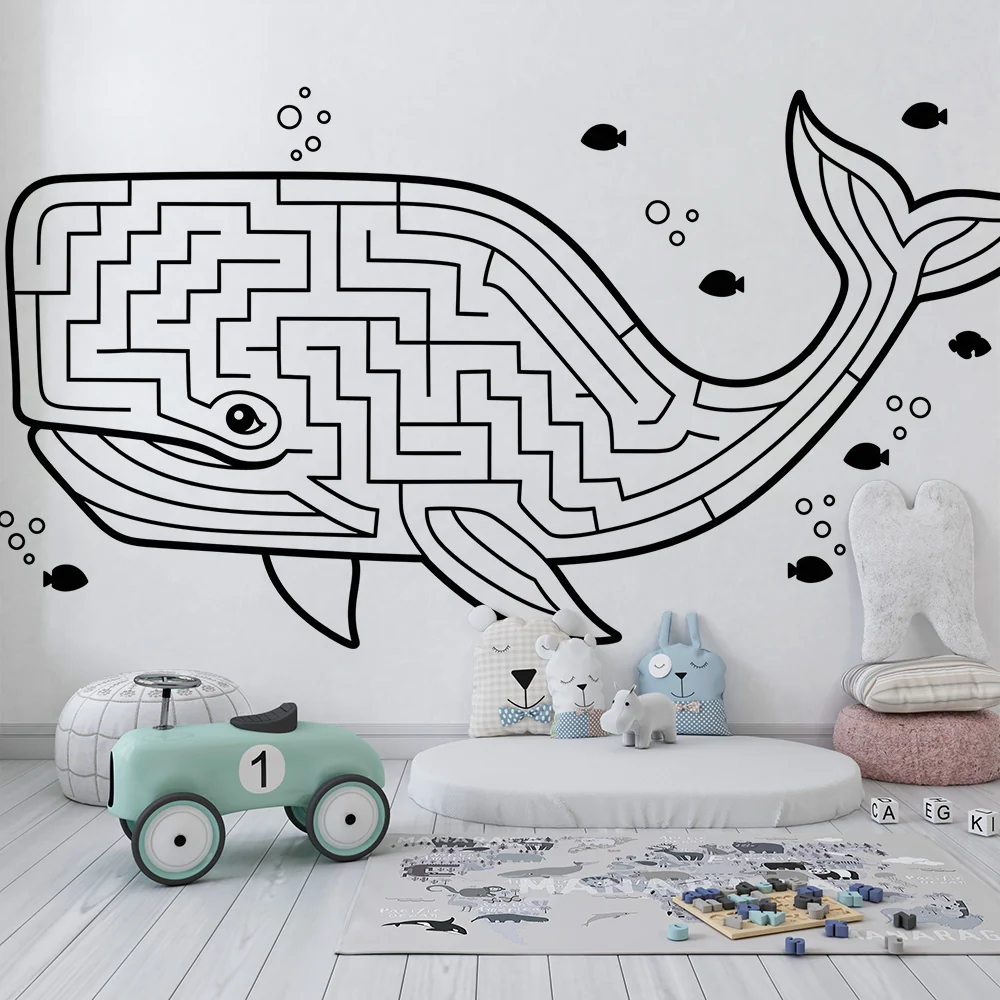 Papel de parede crianç | Labirinto de baleias e peixes coloridos subaquáticos