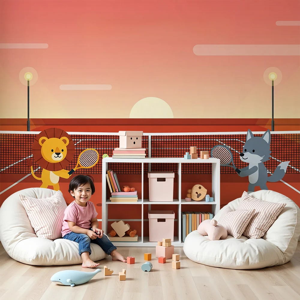 Papel de parede crianç | Leão e lobo jogando tênis sob um pôr do sol