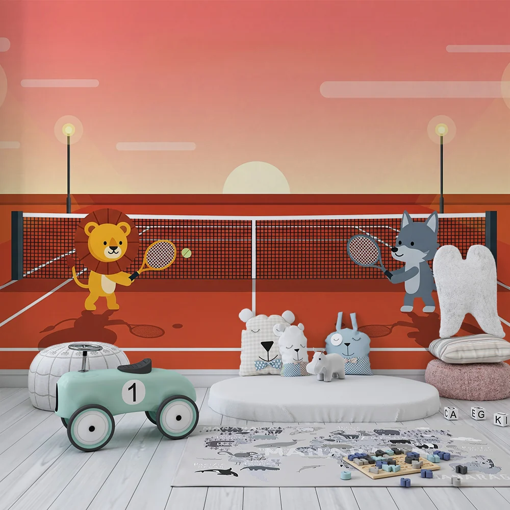 Papel de parede crianç | Leão e lobo jogando tênis sob um pôr do sol
