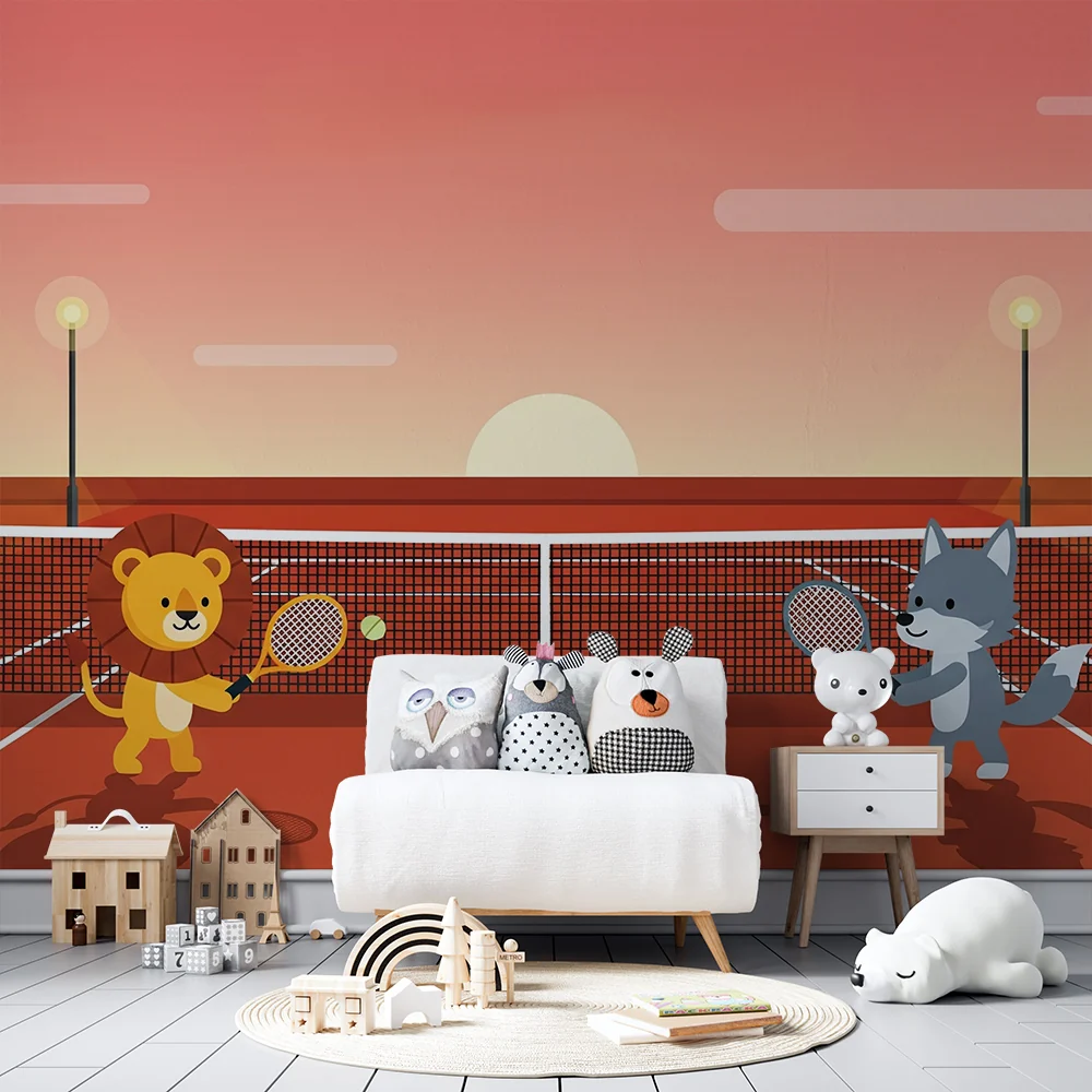 Papel de parede crianç | Leão e lobo jogando tênis sob um pôr do sol