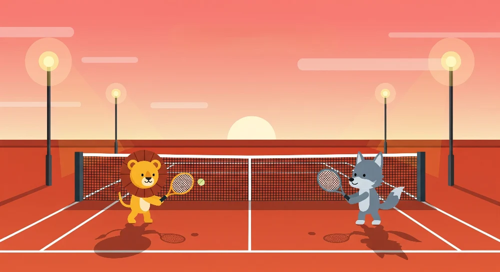 Papel de parede crianç | Leão e lobo jogando tênis sob um pôr do sol