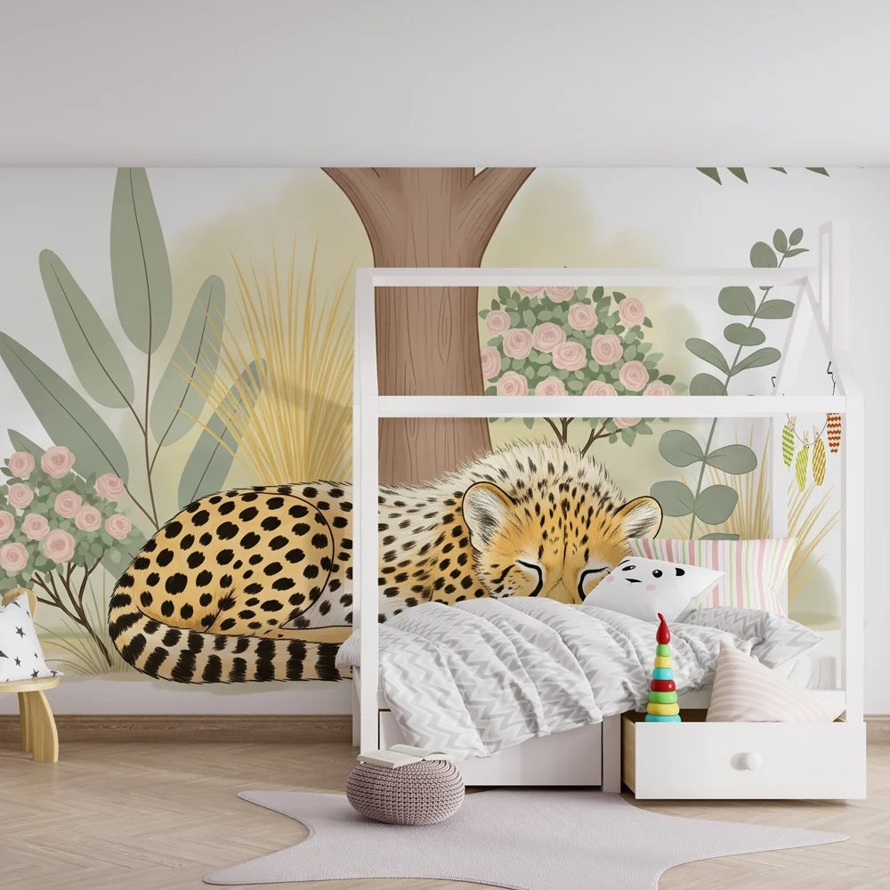 Papel de parede crianç | Leopardo adormecido no meio de uma natureza pacífica