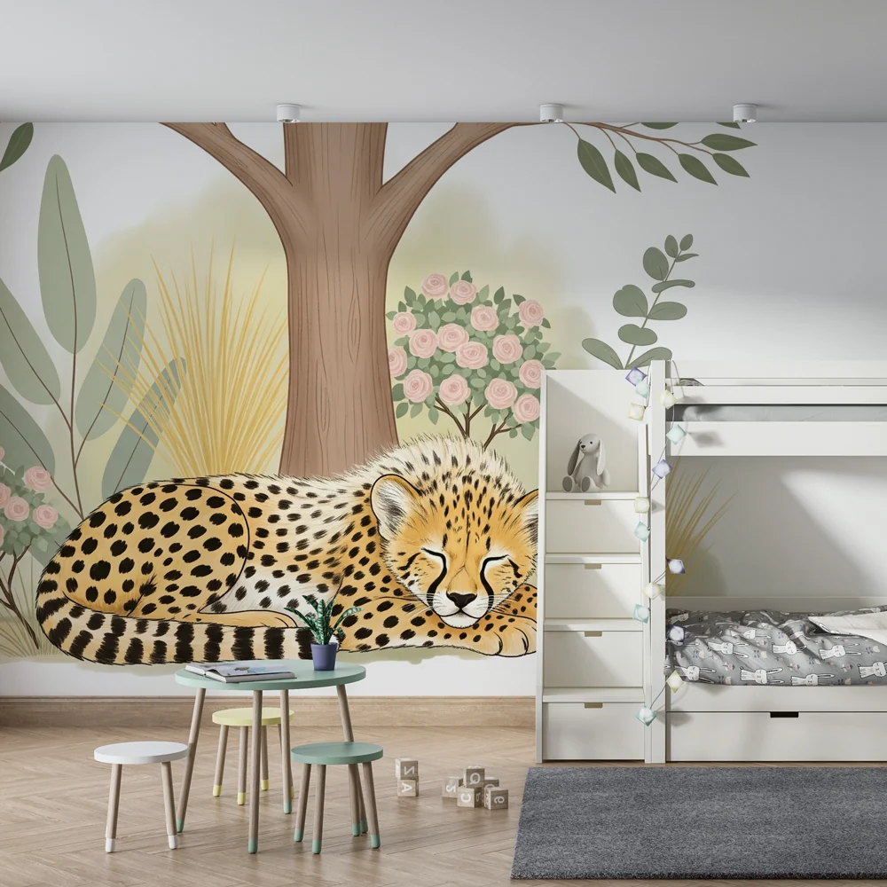 Papel de parede crianç | Leopardo adormecido no meio de uma natureza pacífica