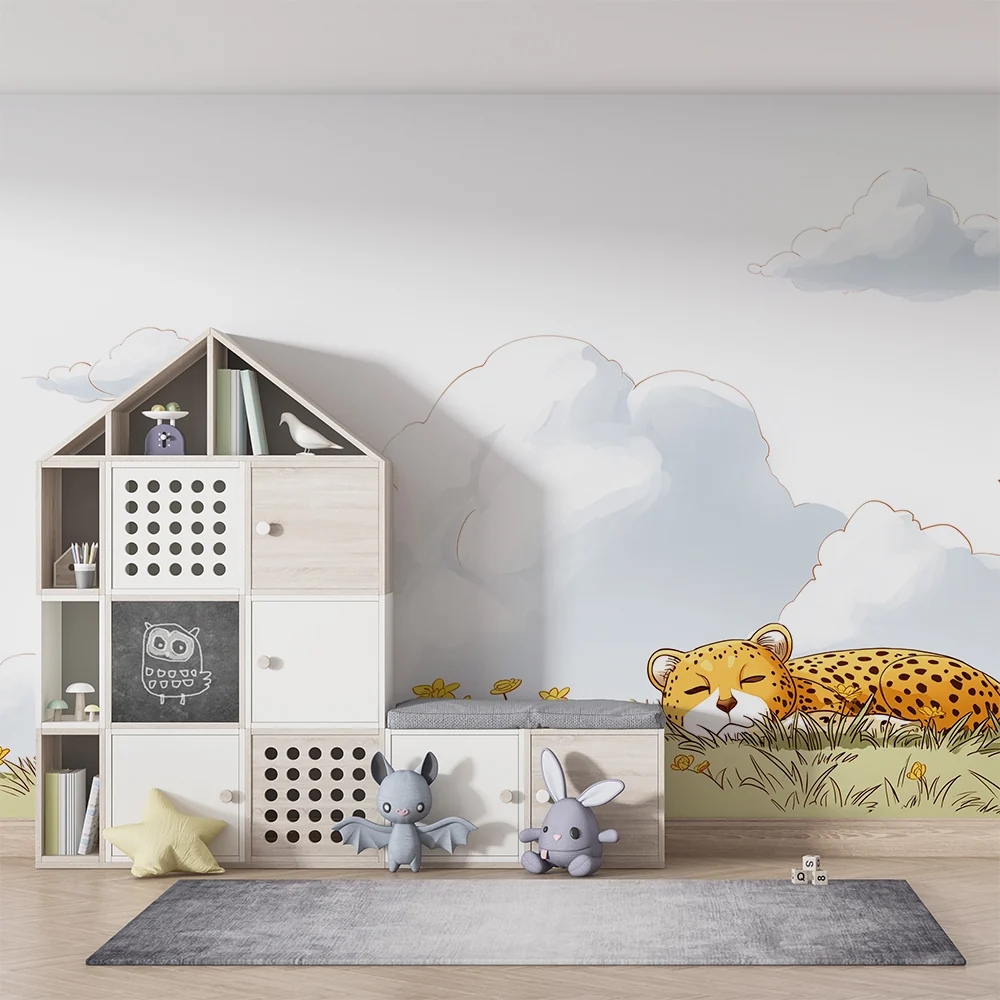 Papel de parede crianç | Leopardo tranquilo no meio de flores amarelas