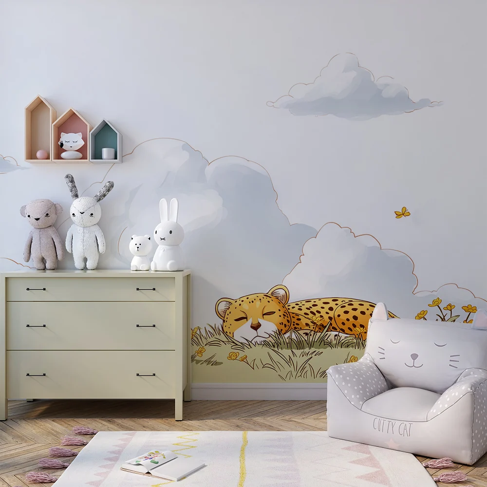 Papel de parede crianç | Leopardo tranquilo no meio de flores amarelas