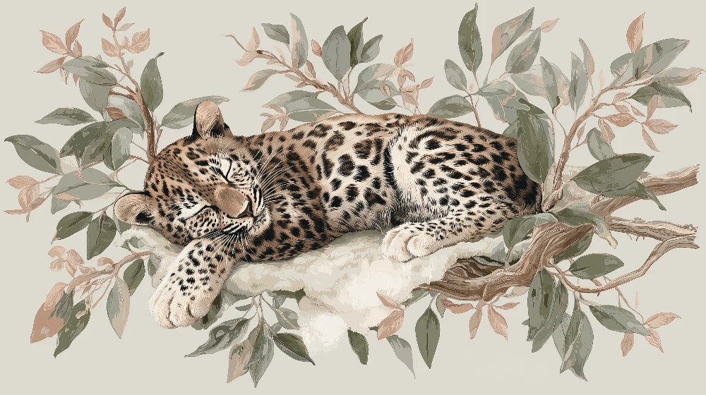 Papel de parede crianç | Leopardo tranquilo em uma cama de folhagem