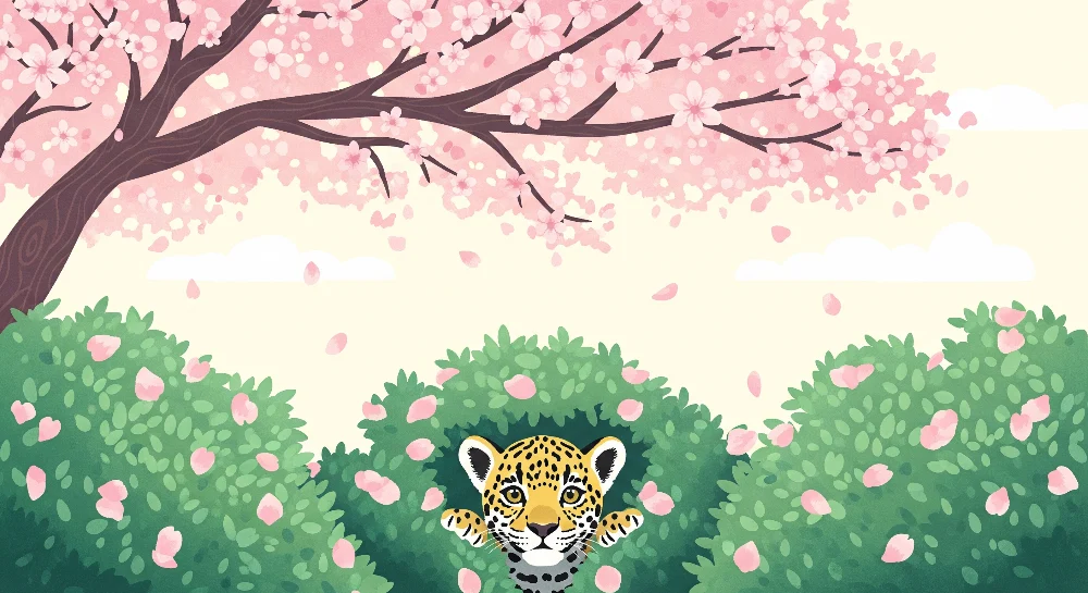 Papel de parede crianç | Leopardo travesso debaixo de uma cerejeira em flor