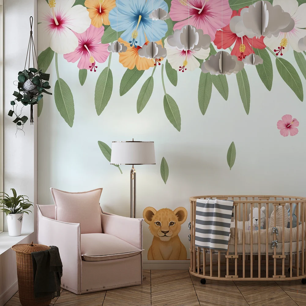 Papel de parede crianç | Leãozinho e flores tropicais