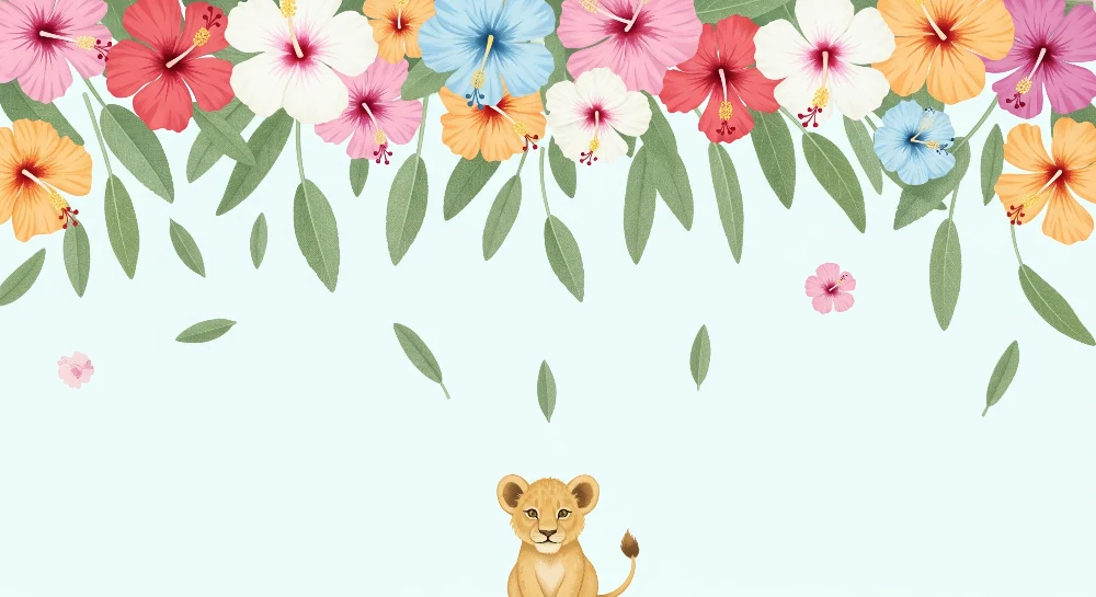 Papel de parede crianç | Leãozinho e flores tropicais