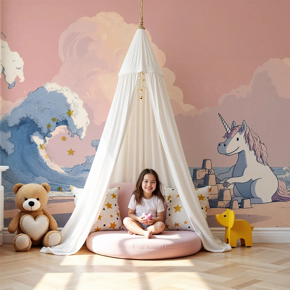 Papel de parede crianç | Licorne construindo um castelo de areia à beira do oceano