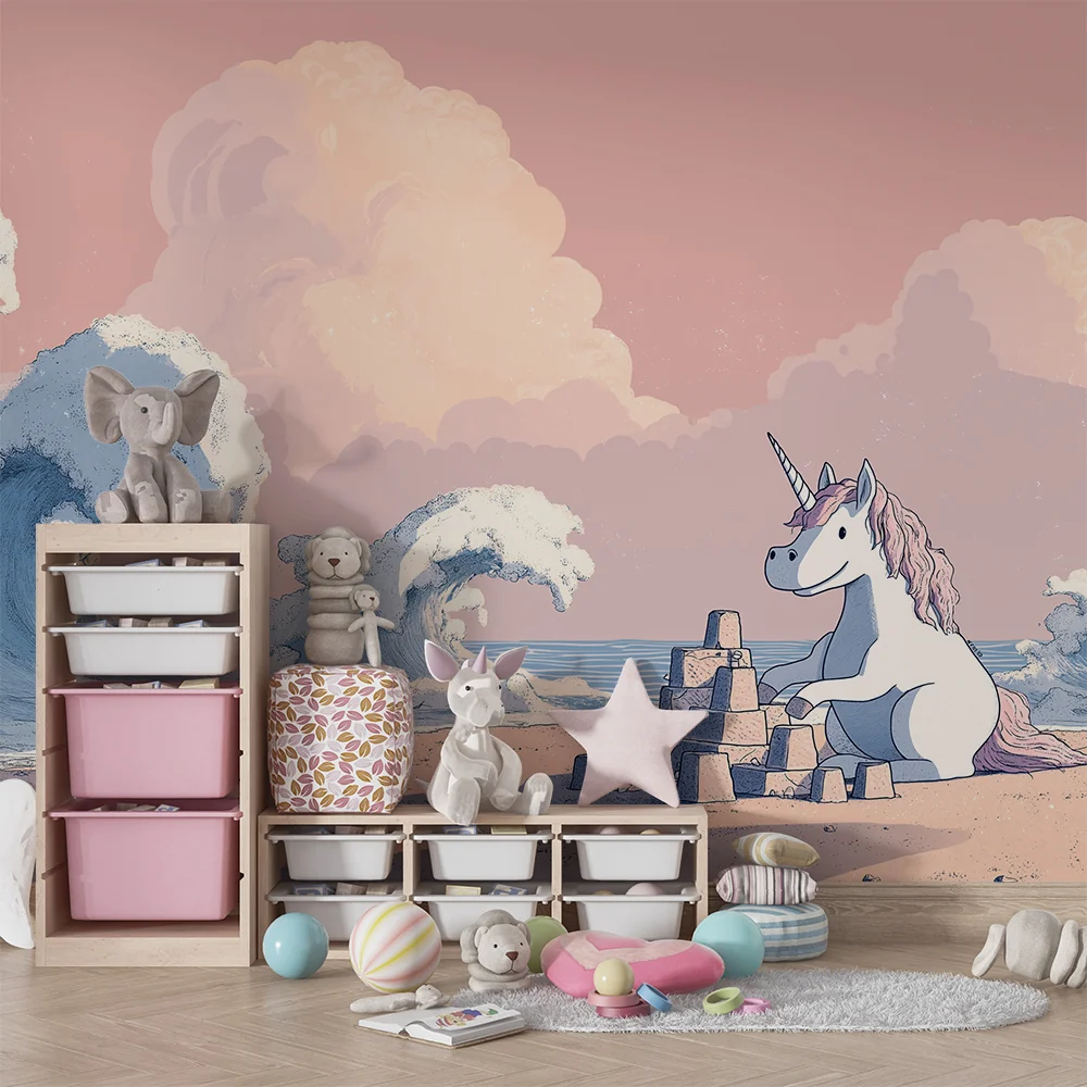 Papel de parede crianç | Licorne construindo um castelo de areia à beira do oceano