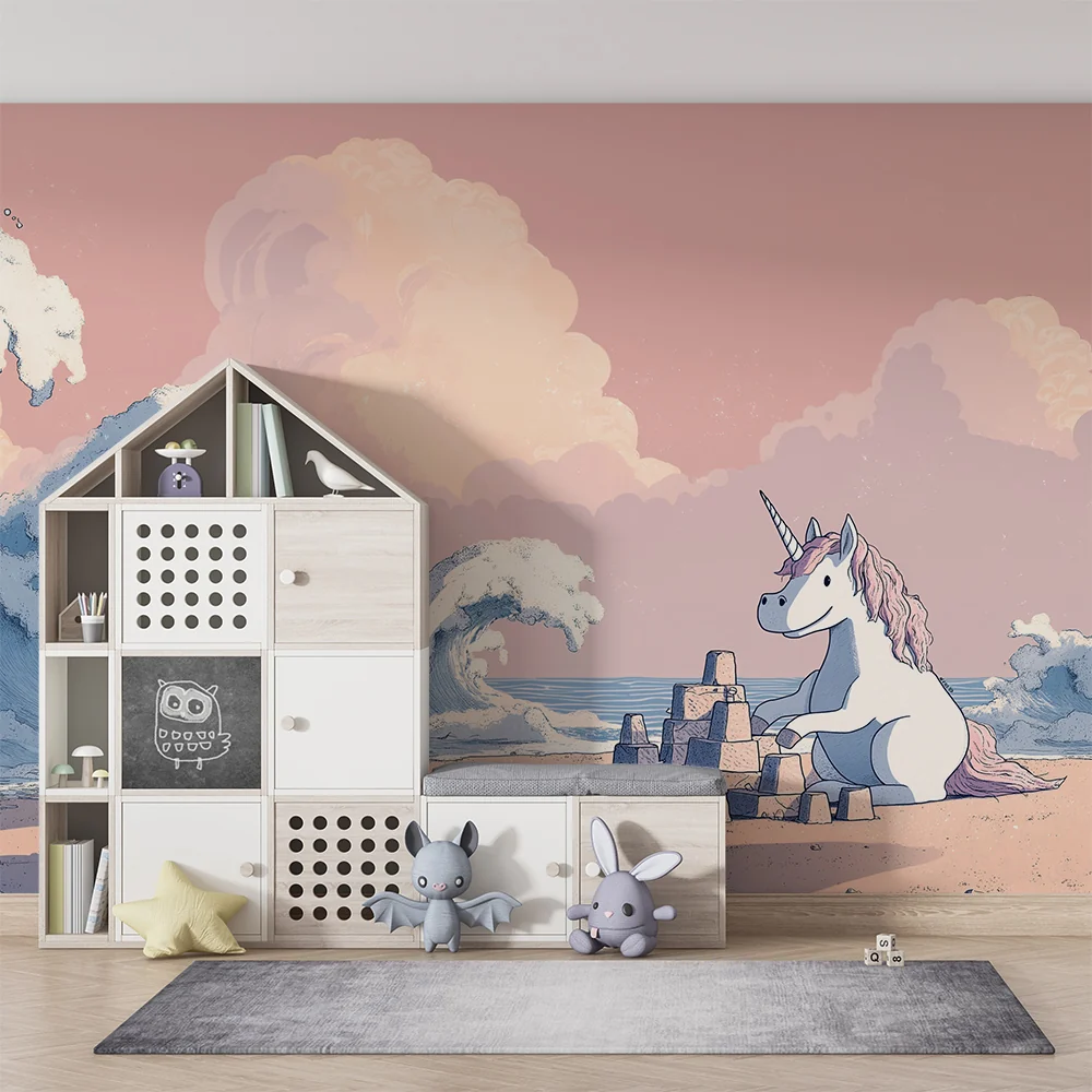 Papel de parede crianç | Licorne construindo um castelo de areia à beira do oceano