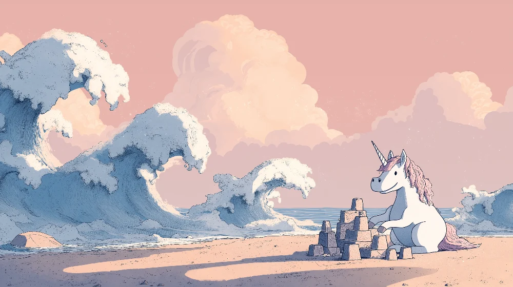 Papel de parede crianç | Licorne construindo um castelo de areia à beira do oceano