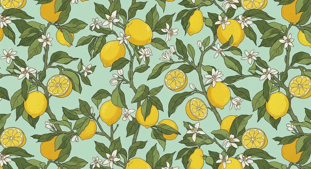 Papel de parede crianç | Limoeiros e flores brancas em fundo turquesa