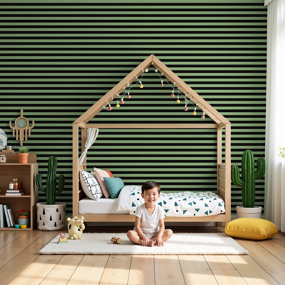 Papel de parede crianç | Listras modernas em verde e preto