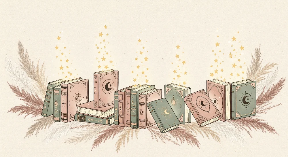 Papel de parede crianç | Livros encantados com estrelas e padrões lunares