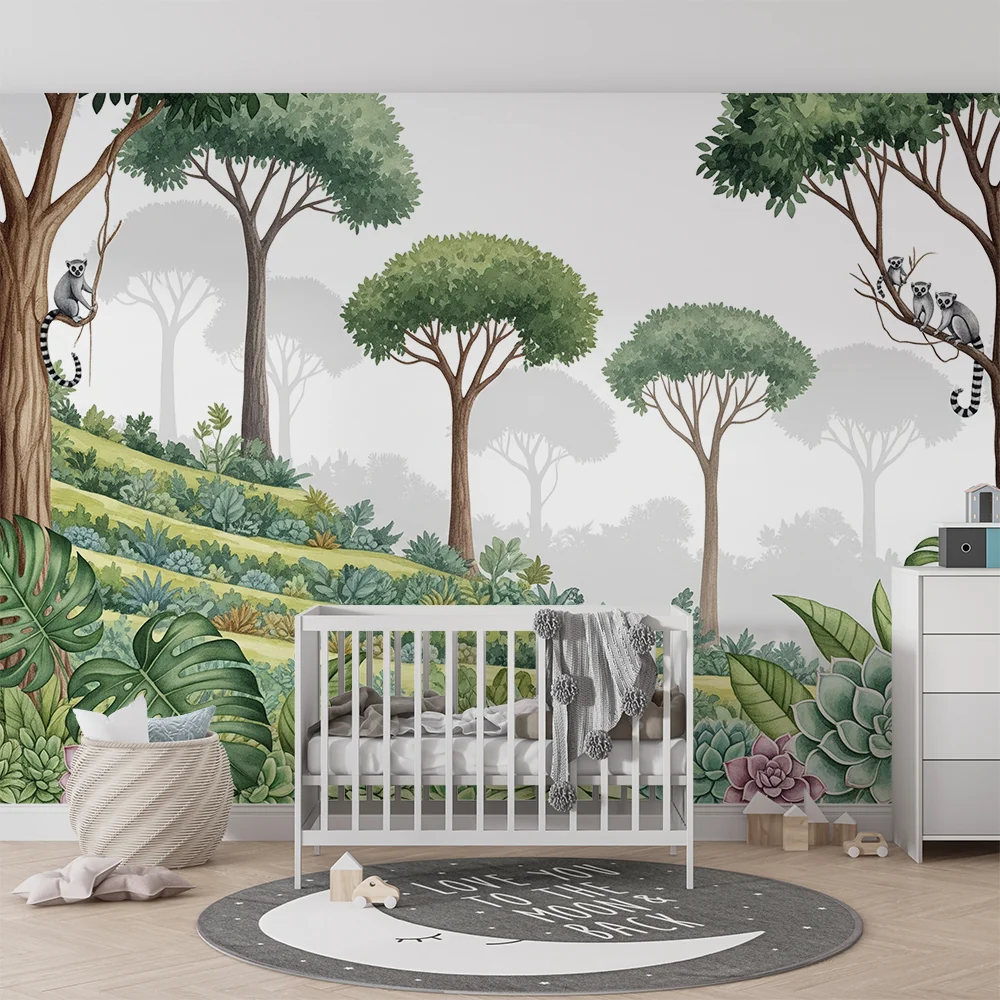 Papel de parede crianç | Lémures e vegetação luxuriante em um cenário natural