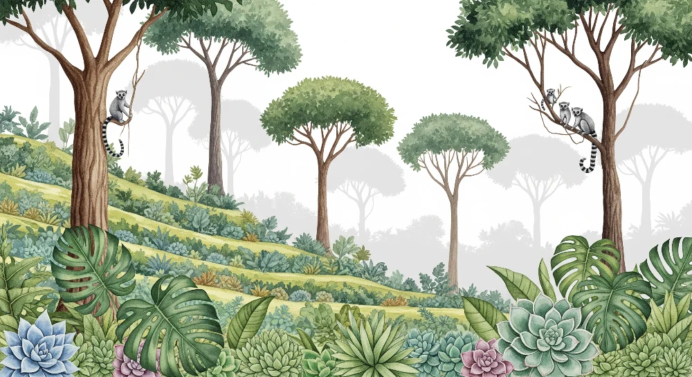 Papel de parede crianç | Lémures e vegetação luxuriante em um cenário natural