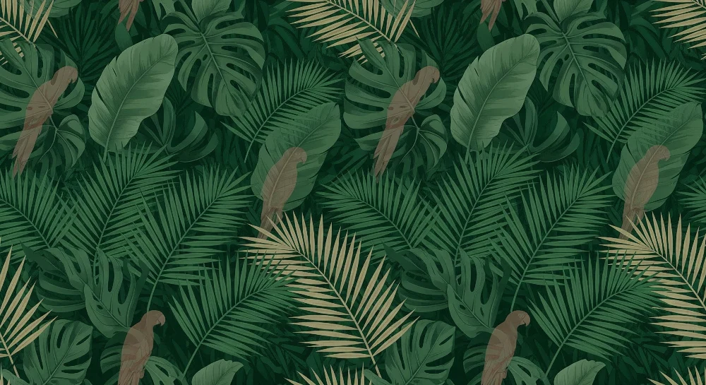Papel de parede crianç | Luxuosa selva com papagaios e folhagem tropical