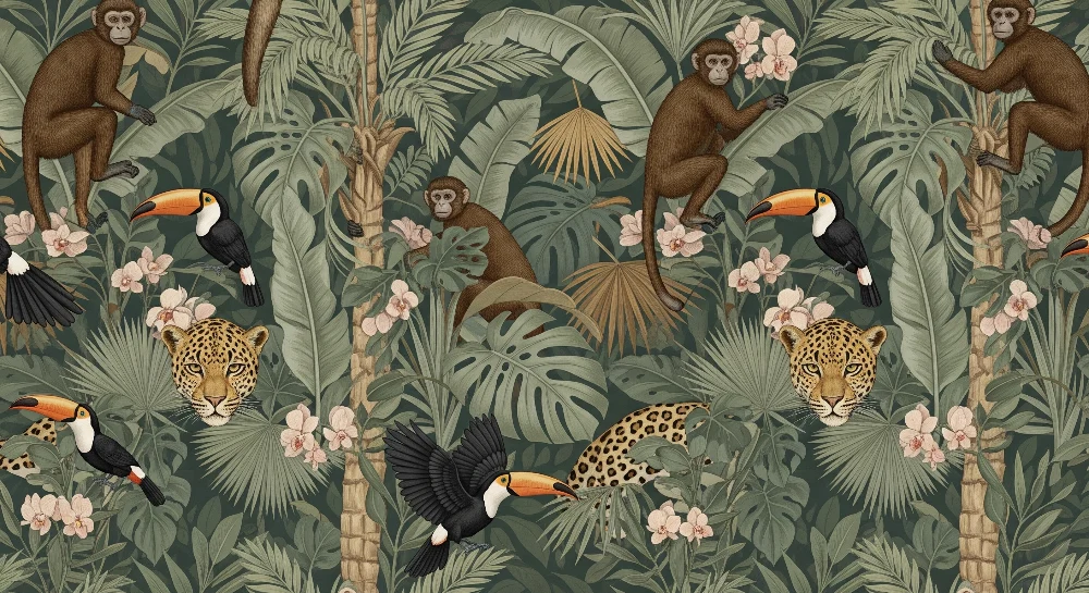 Papel de parede crianç | Luxuriante selva com macacos, tucanos e leopardos