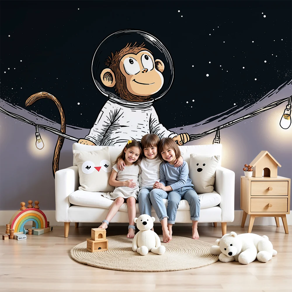 Papel de parede crianç | Macaco astronauta flutuando sob as estrelas