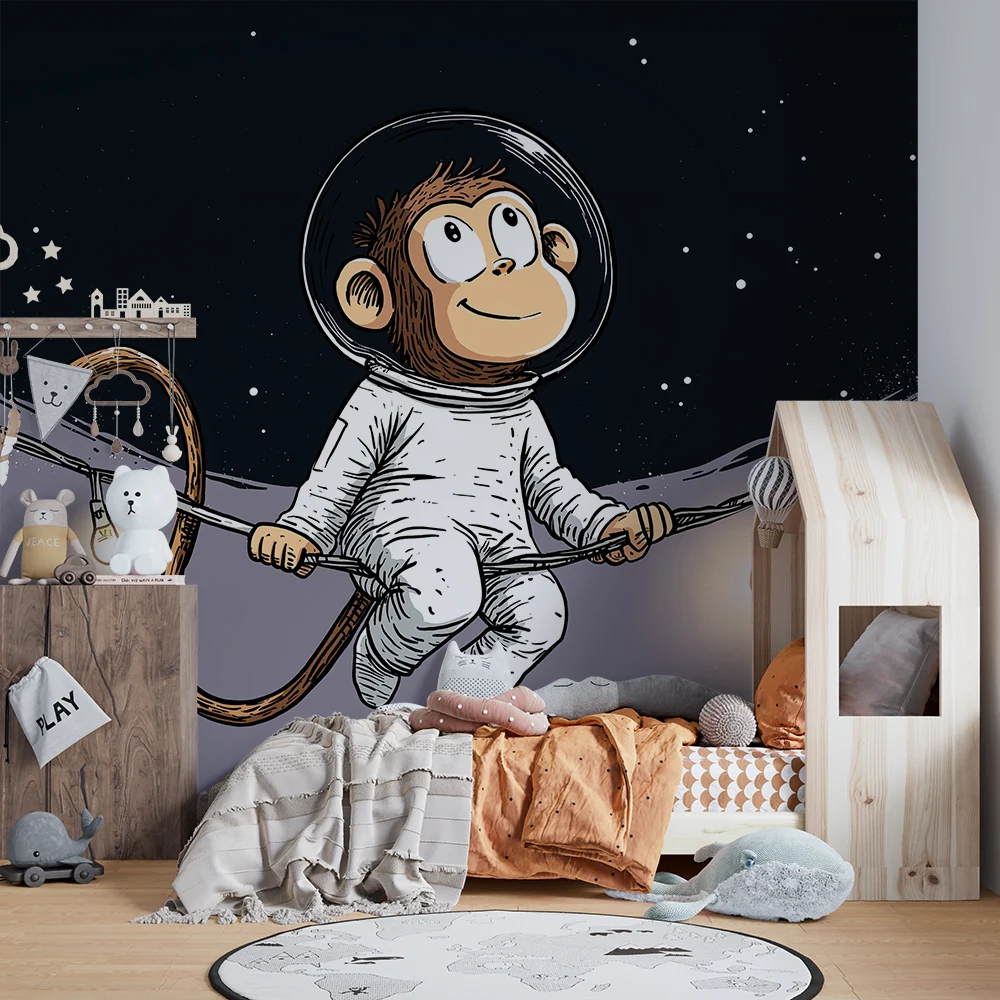 Papel de parede crianç | Macaco astronauta flutuando sob as estrelas