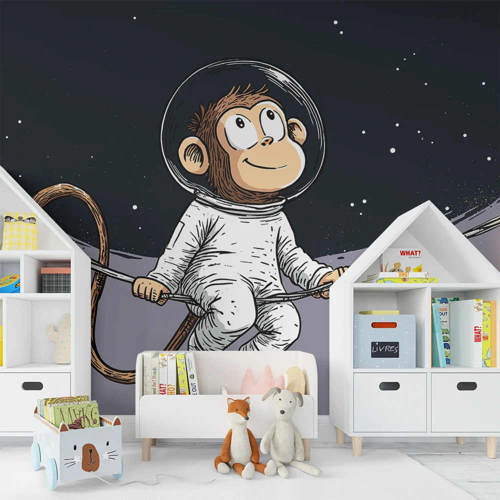 Papel de parede crianç | Macaco astronauta flutuando sob as estrelas