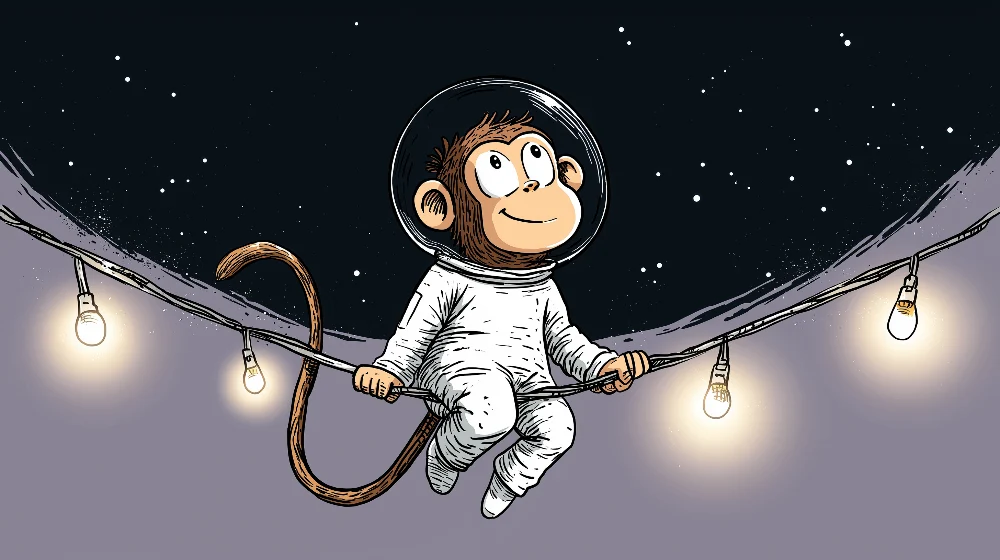 Papel de parede crianç | Macaco astronauta flutuando sob as estrelas