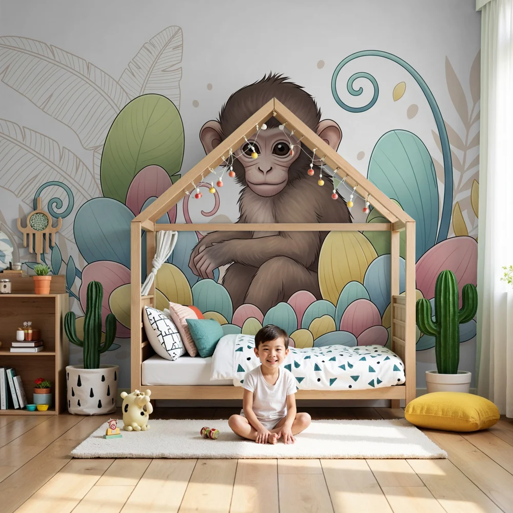 Papel de parede crianç | Macaco pequeno e flores coloridas