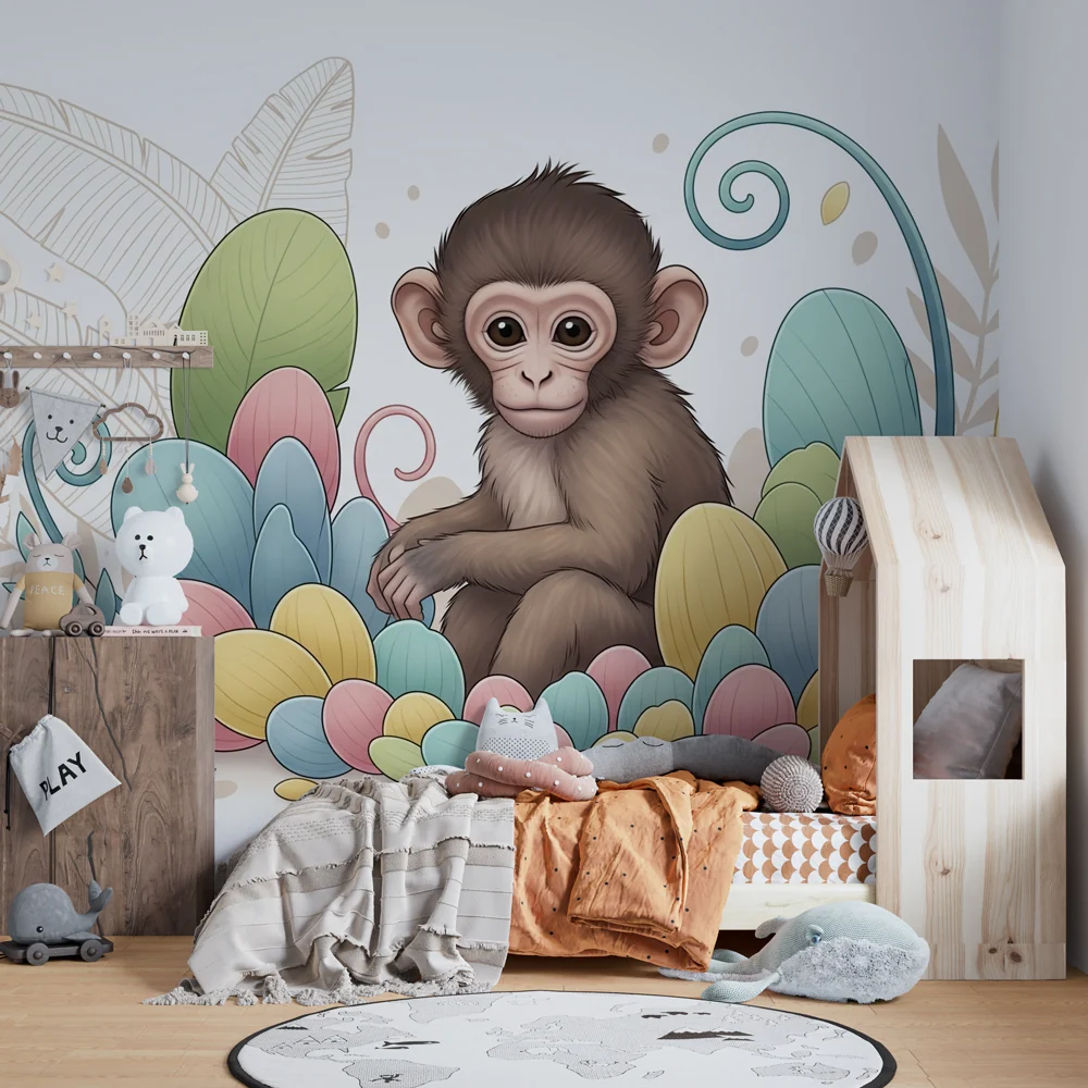Papel de parede crianç | Macaco pequeno e flores coloridas