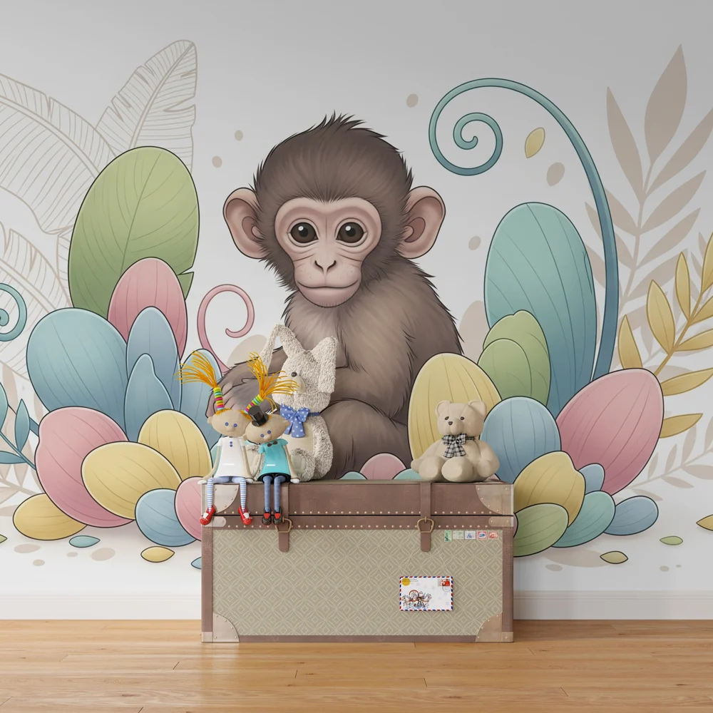 Papel de parede crianç | Macaco pequeno e flores coloridas