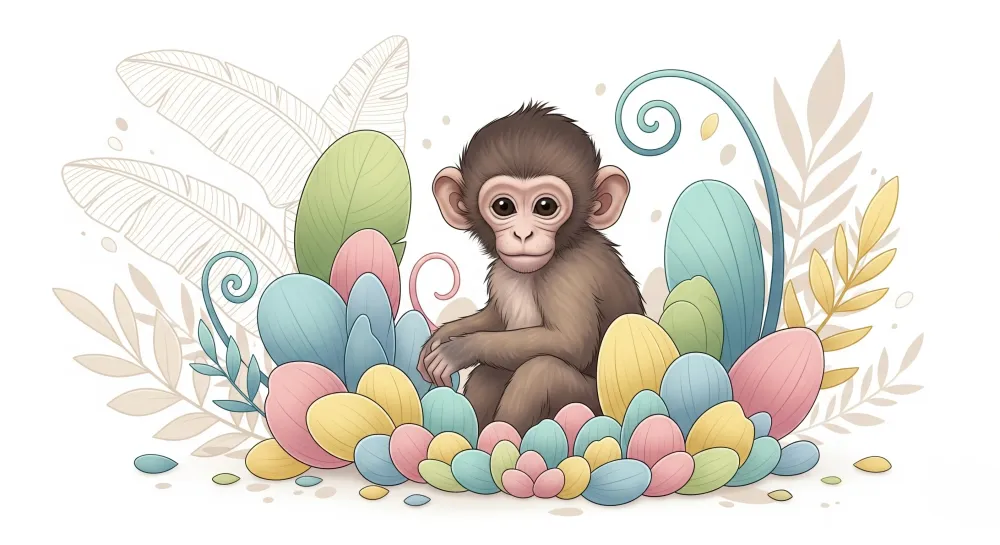Papel de parede crianç | Macaco pequeno e flores coloridas