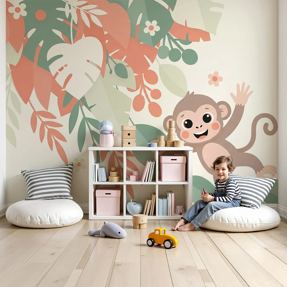 Papel de parede crianç | Macaco travesso entre as folhas tropicais