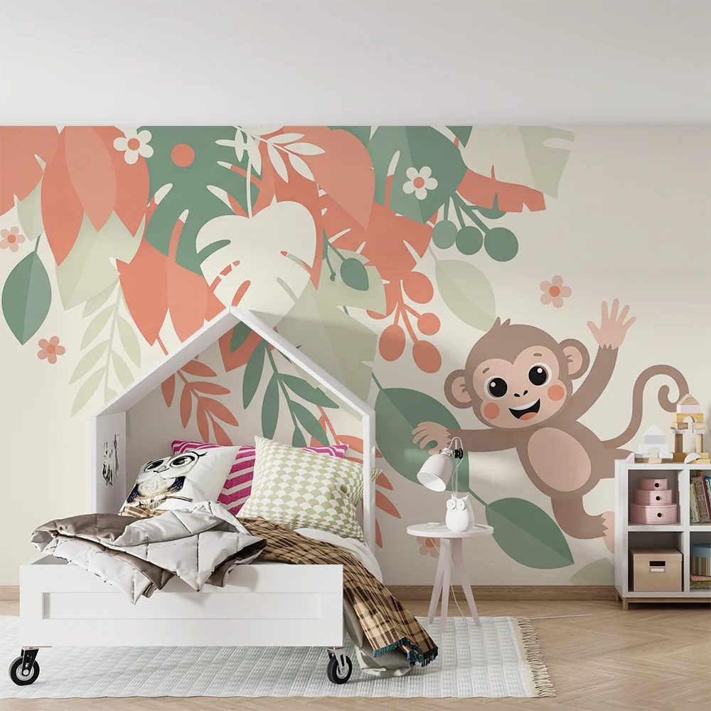 Papel de parede crianç | Macaco travesso entre as folhas tropicais