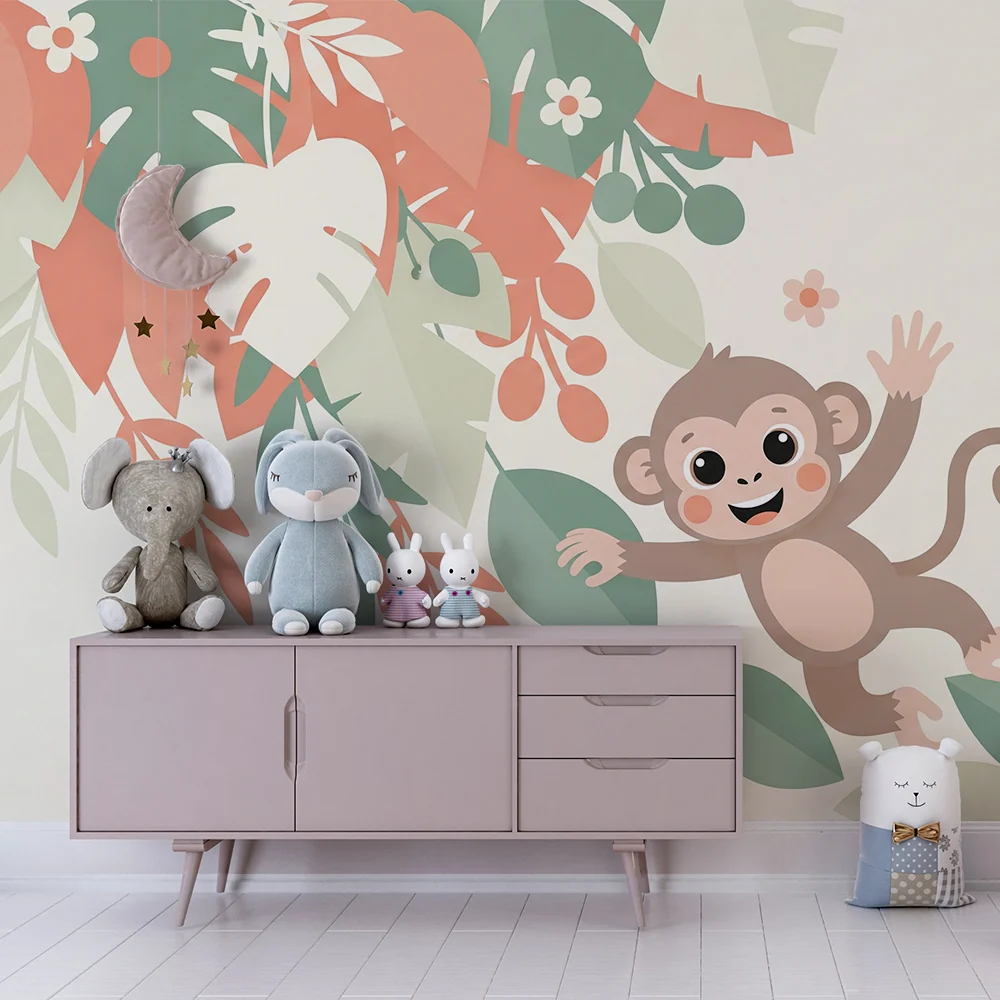 Papel de parede crianç | Macaco travesso entre as folhas tropicais