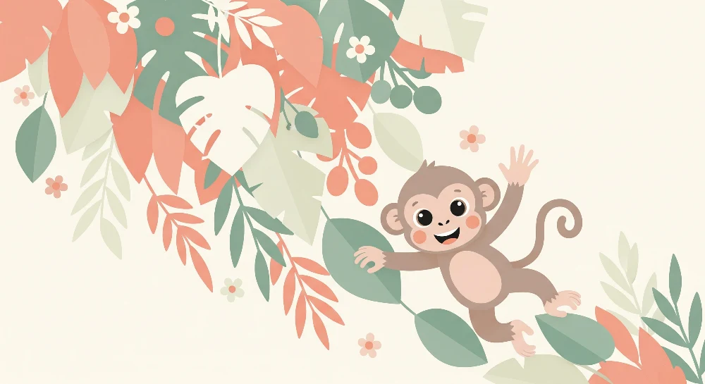 Papel de parede crianç | Macaco travesso entre as folhas tropicais