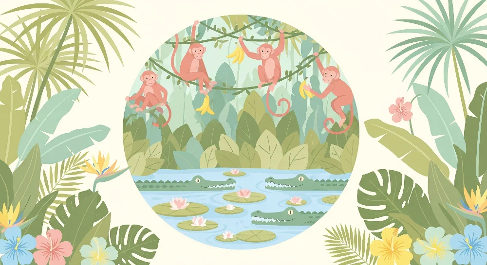 Papel de parede crianç | Macacos travessos e selva tropical com crocodilos
