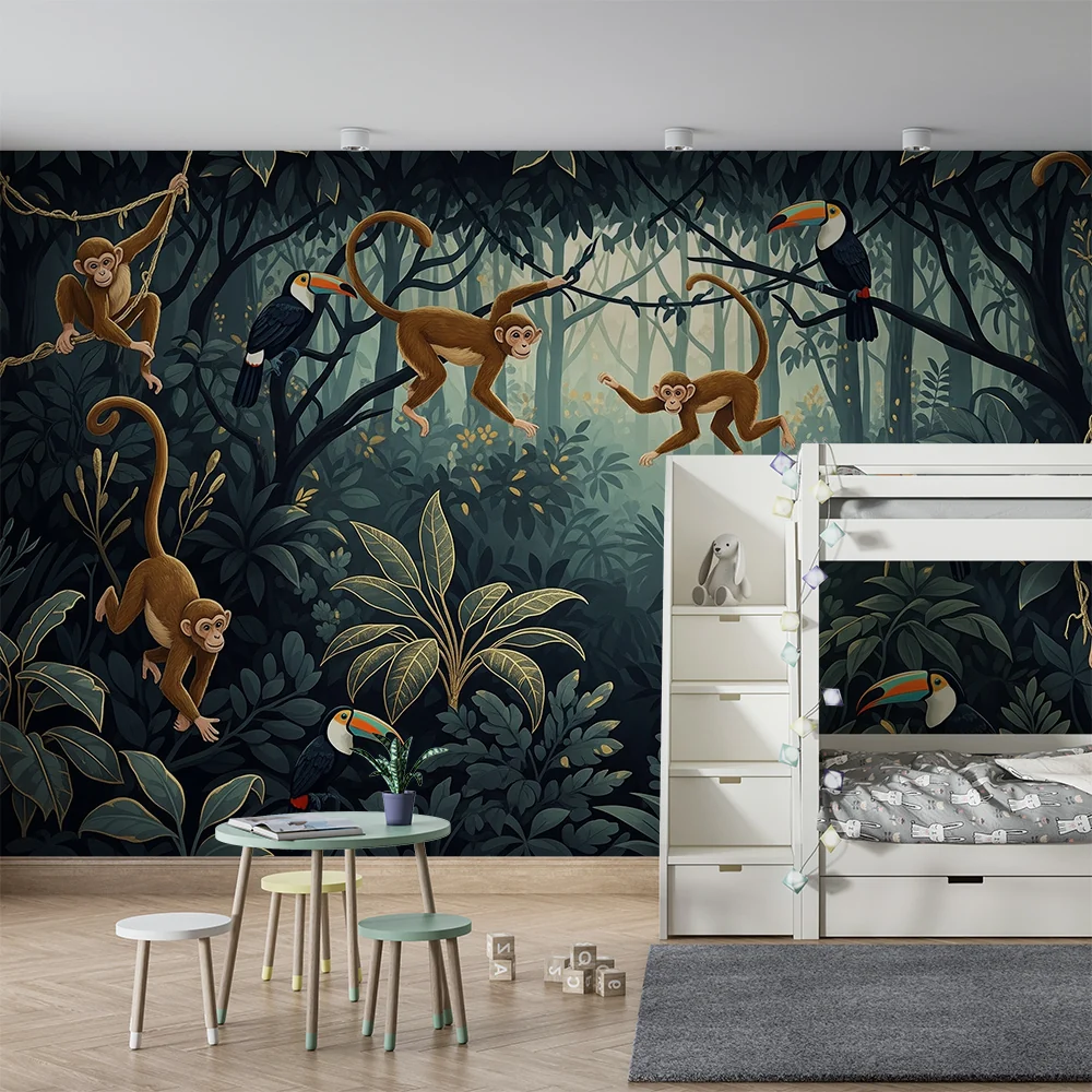 Papel de parede crianç | Macacos travessos e tucanos em uma selva luxuriante