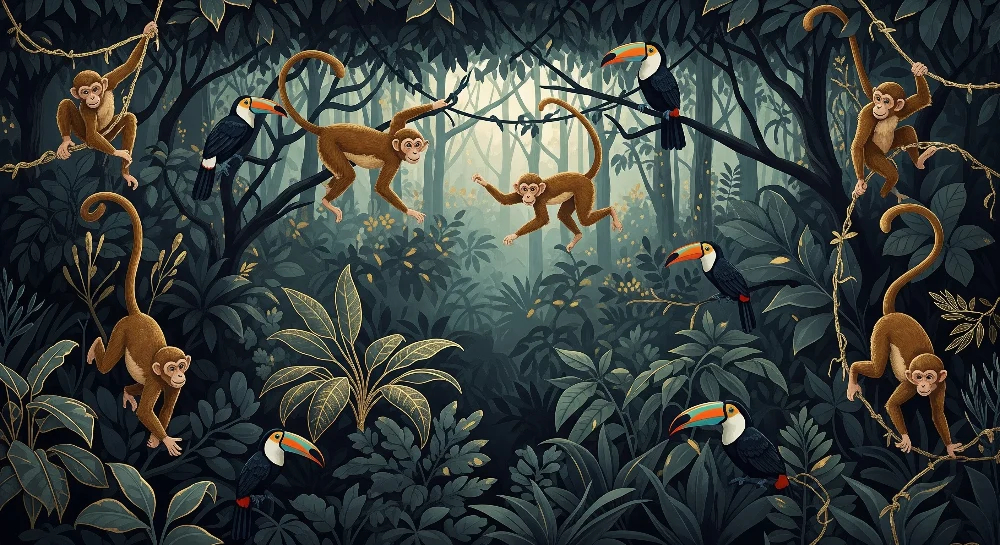 Papel de parede crianç | Macacos travessos e tucanos em uma selva luxuriante