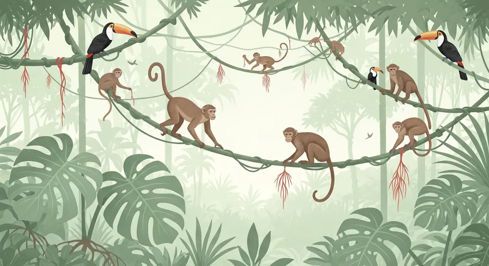 Papel de parede crianç | Macacos travessos e tucanos na selva verdejante